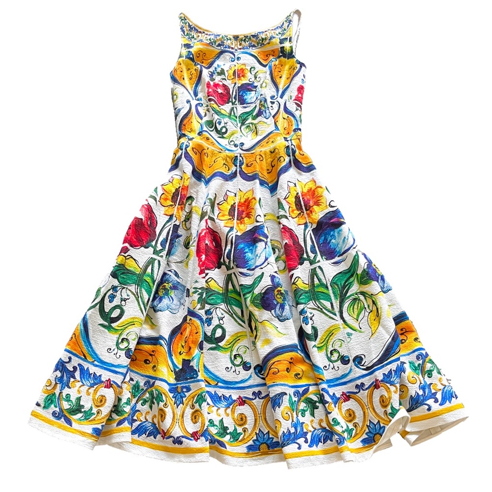 SOLD-Dolce&Gabbana Majolica Scoop Back Crepe MIDI Dress